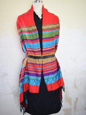 Vibrant Woven Red Shawl Wrap With Colorful Folk Inspired Pattern